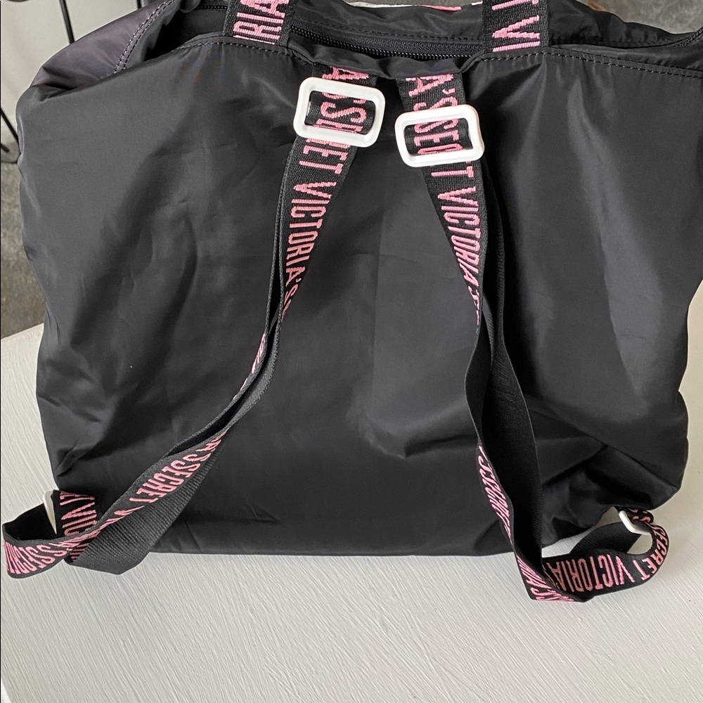 Victoria's Secret Black Pink Stripe Nylon Backpack Travel Pool Summer Beach Bag - Picture 9 of 10